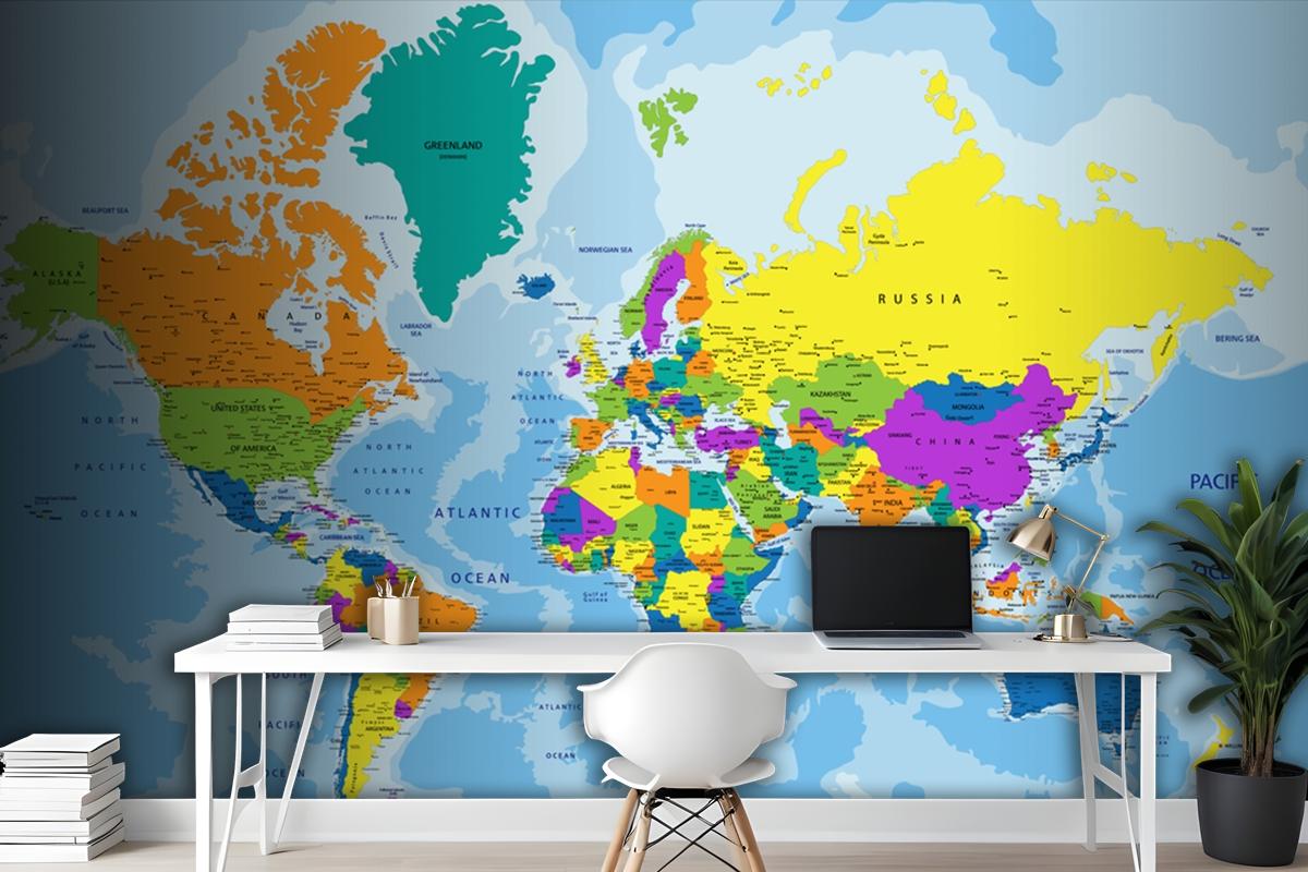 Colorful World Political Map With Clearly Labeled Wallpaper Mural