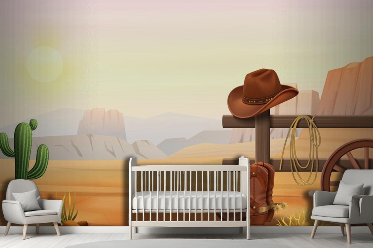 Cowboy Boots And Hat On Fence Wallpaper Mural