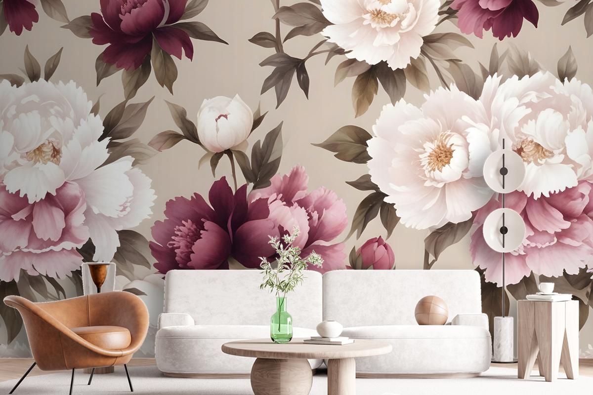 Cream Pink Peony Floral Pattern Wallpaper Mural