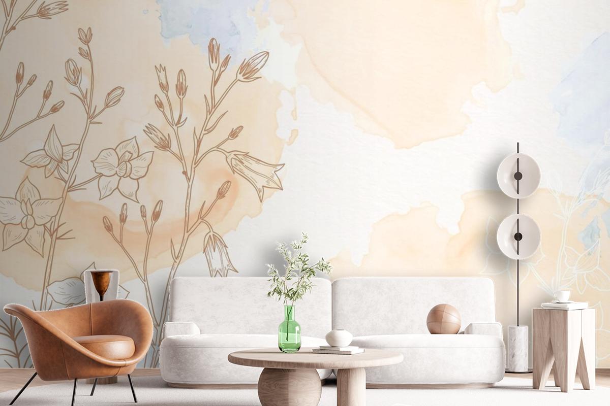 Cream Powder Pastel With Hand Drawn Flowers Background Wallpaper Mural