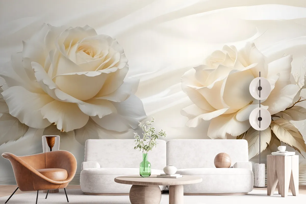 Cream Rose Floral With Water Pattern Wallpaper Mural