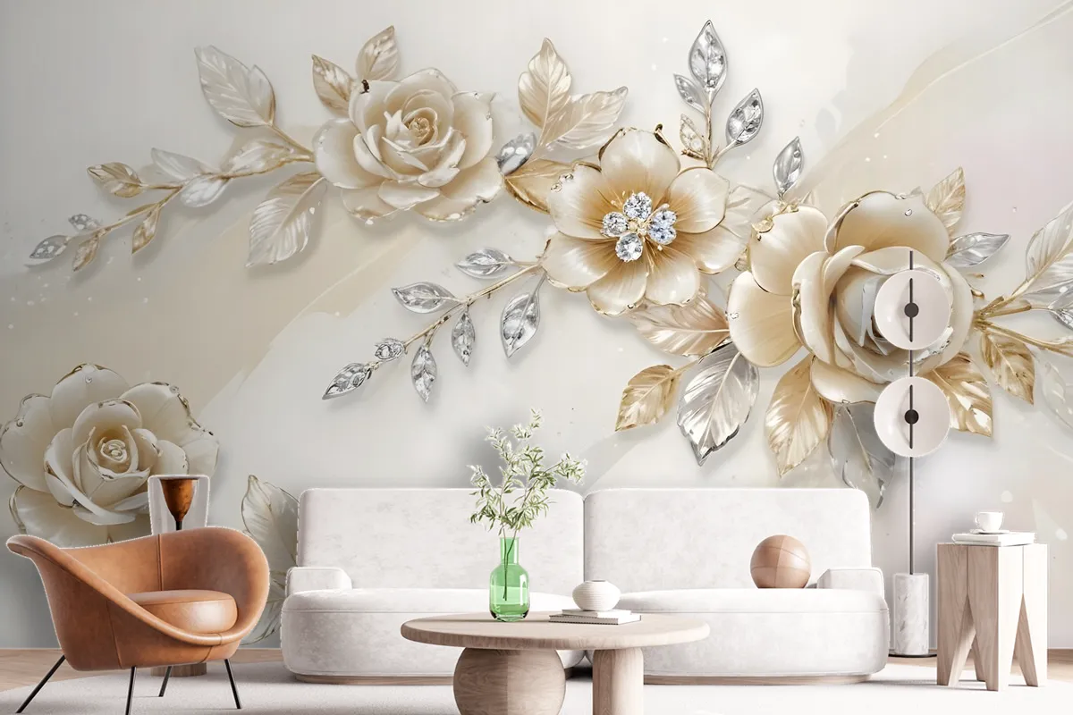 Cream Swarovski Rose Floral Wallpaper Mural