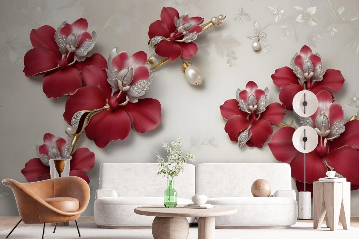 Crystal Red Floral Art Wallpaper Mural