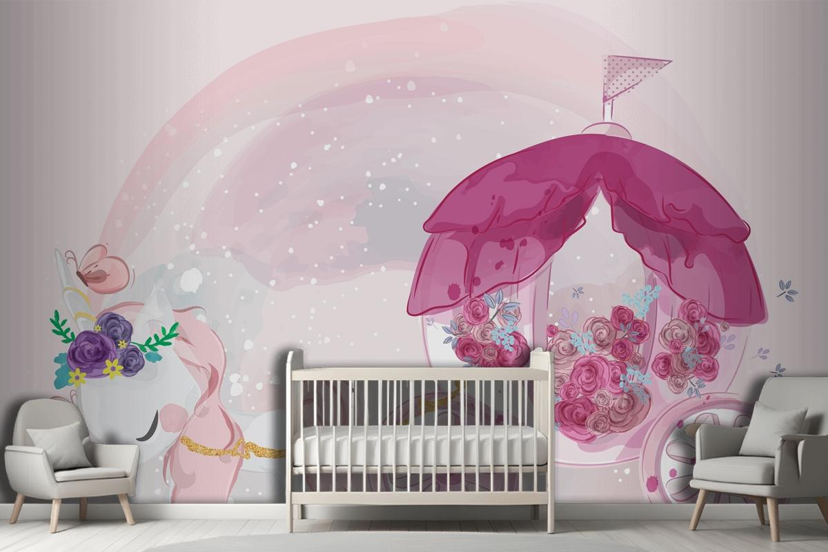 Cute Baby Unicorn Hand Drawn In Sweet Watercolor Style Wallpaper Mural