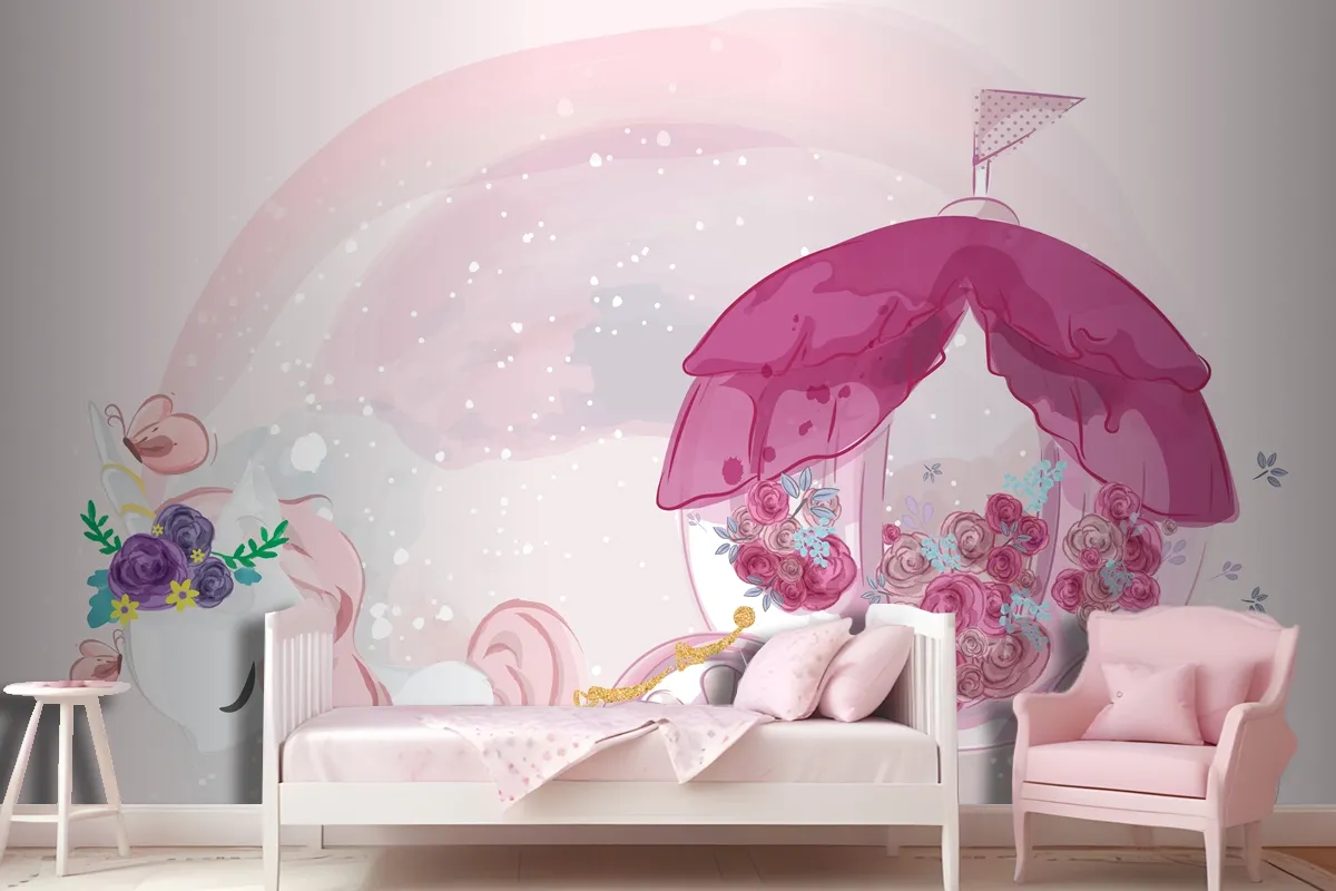 Cute Baby Unicorn Hand Drawn In Sweet Watercolor Style Wallpaper Mural