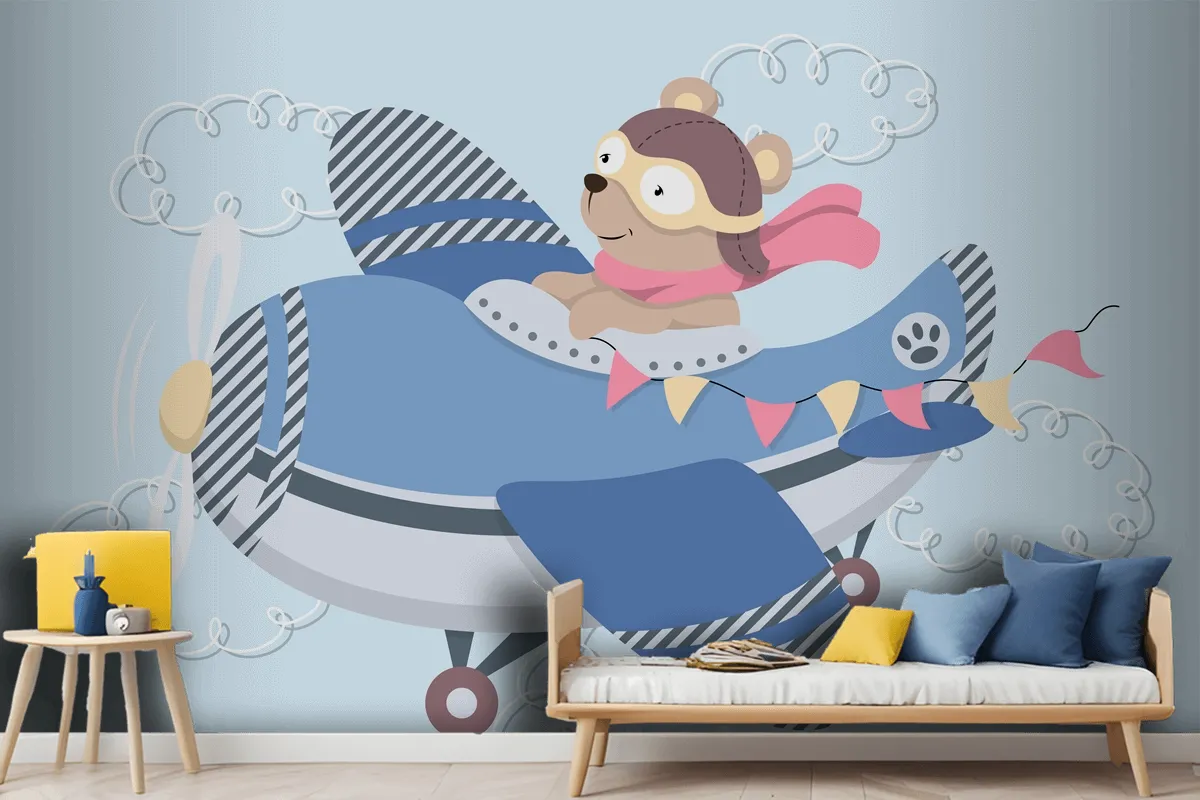 Cute Cartoon Teddy Bear In Aviator Glasses A Leather Helmet And Scarf Flying In Vintage Airplane Wallpaper Mural