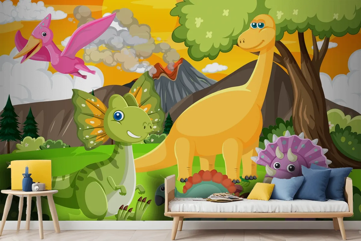 Cute Dinosaur Group In Forest Wallpaper Mural