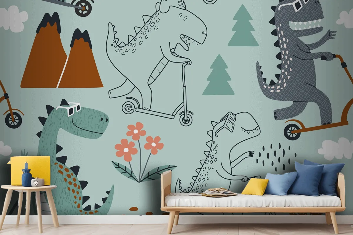 Cute Dinosaur Rides A Scooter Wallpaper Mural