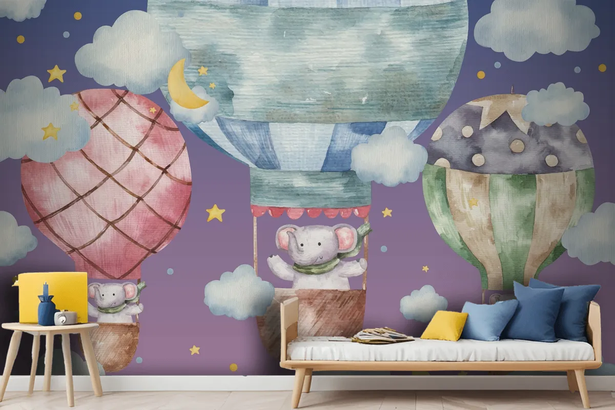 Cute Elephant Flies On Colored Balloons Wallpaper Mural