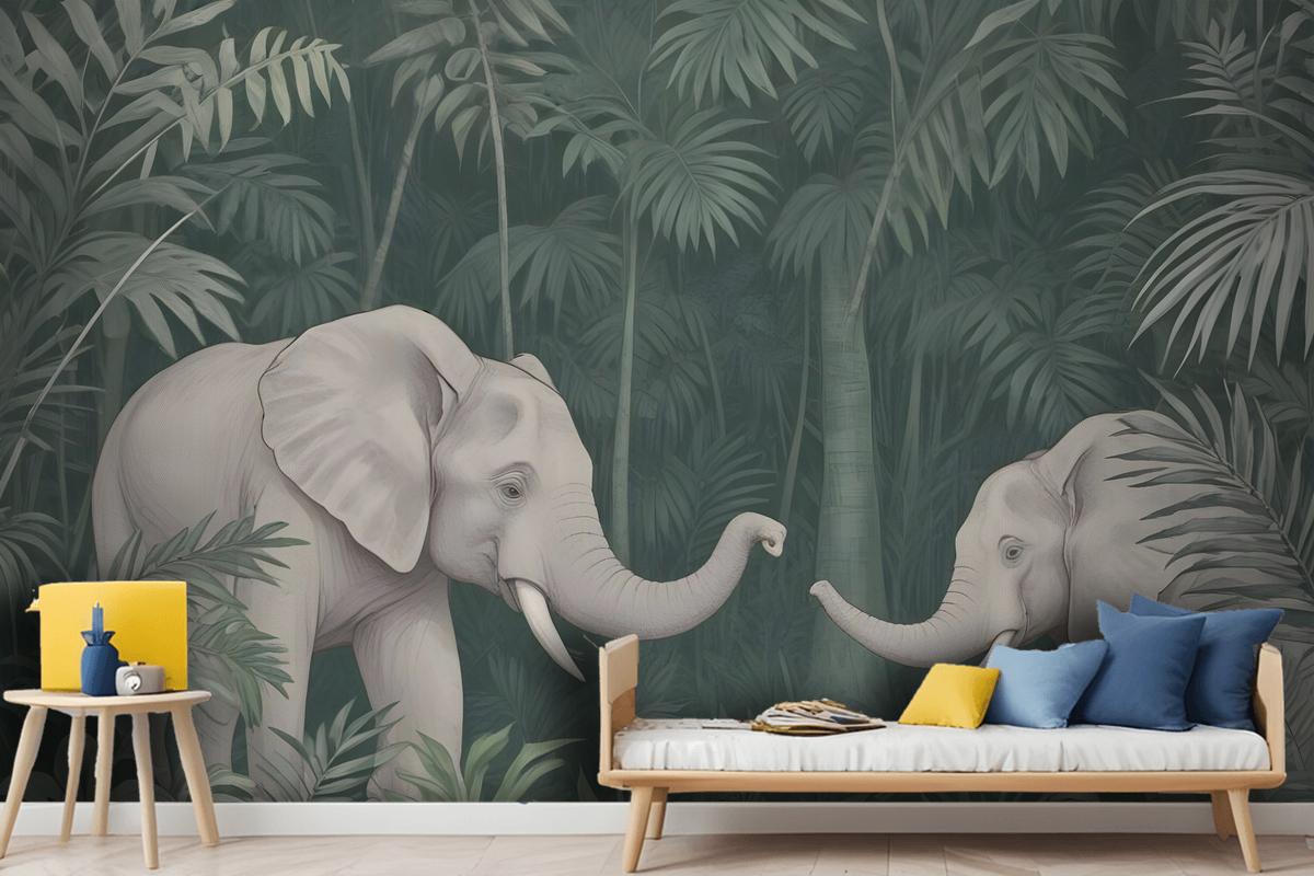 Cute Elephants On The Tropical Jungle Kids Wallpaper Mural