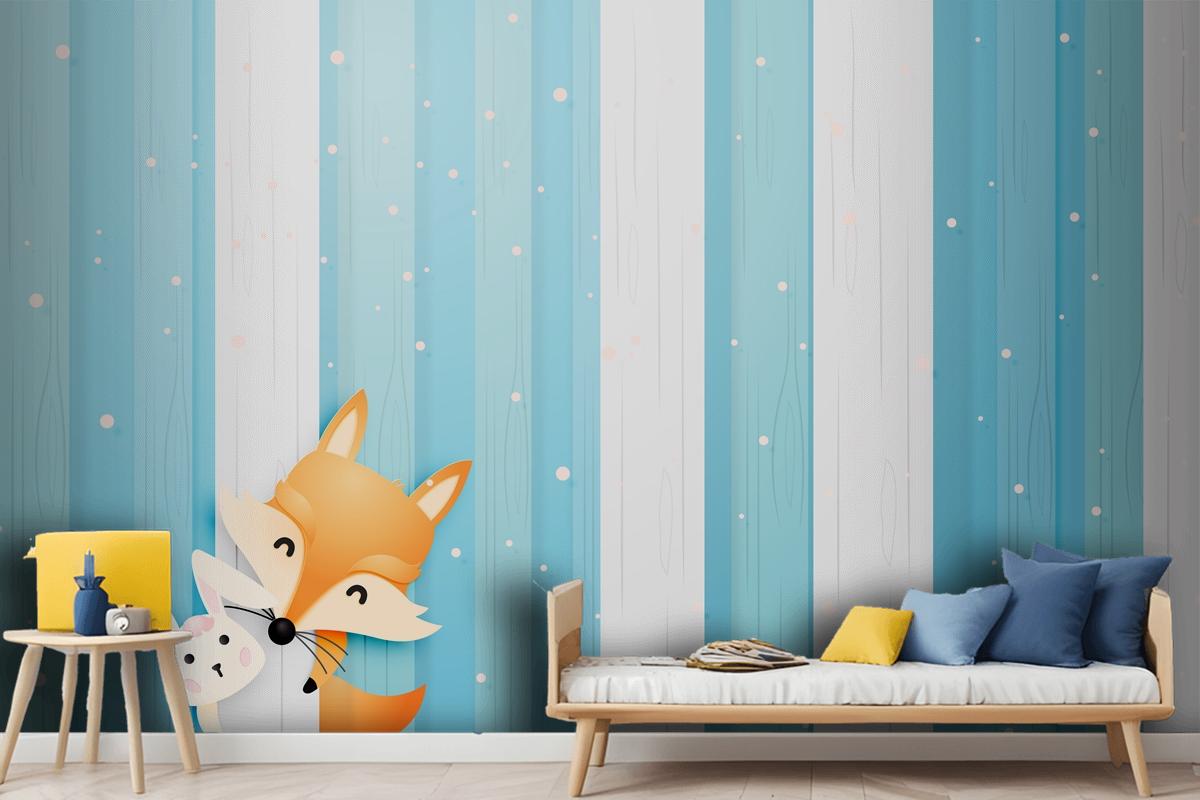 Cute Fox And Rabbit In The Wood With Paper Art Style Pastel Scheme Wallpaper Mural