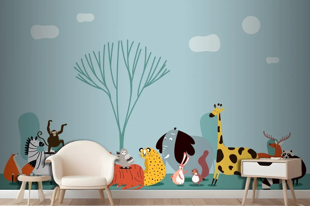 Cute Group Of Wild Animals Wallpaper Mural