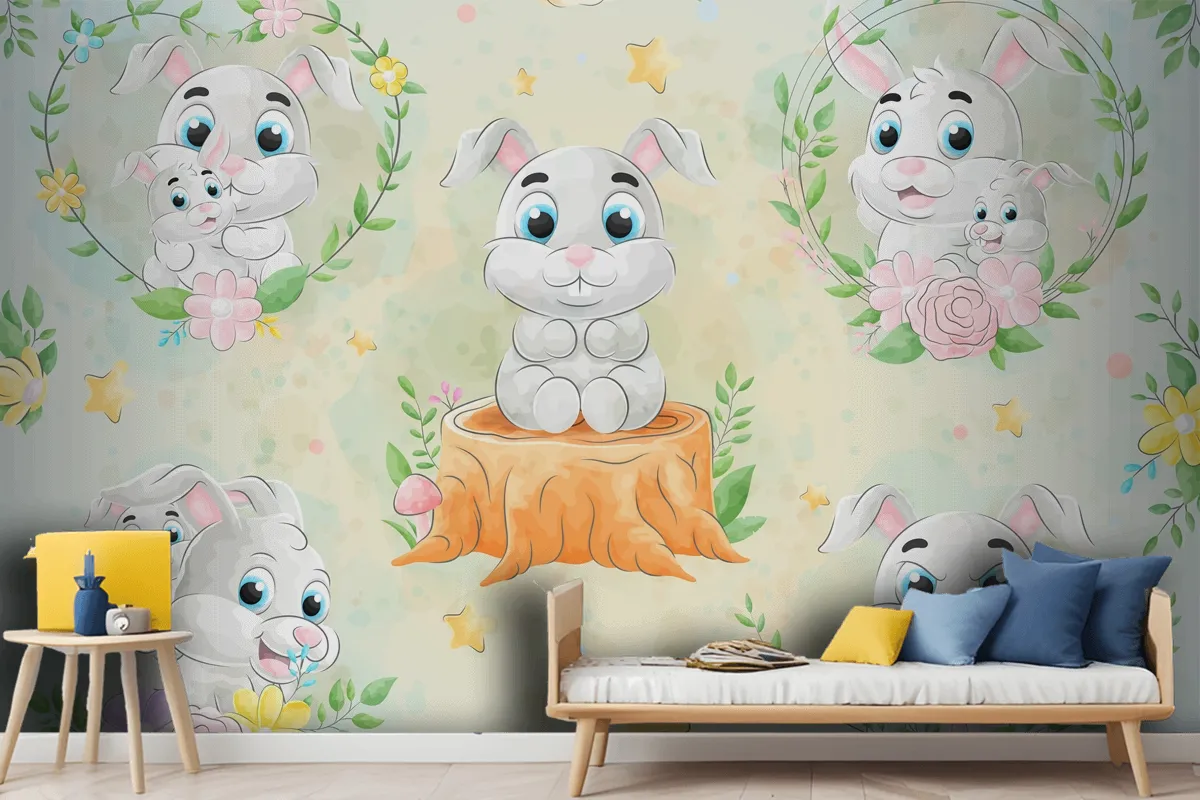 Cute Little Rabbit With Watercolor Wallpaper Mural