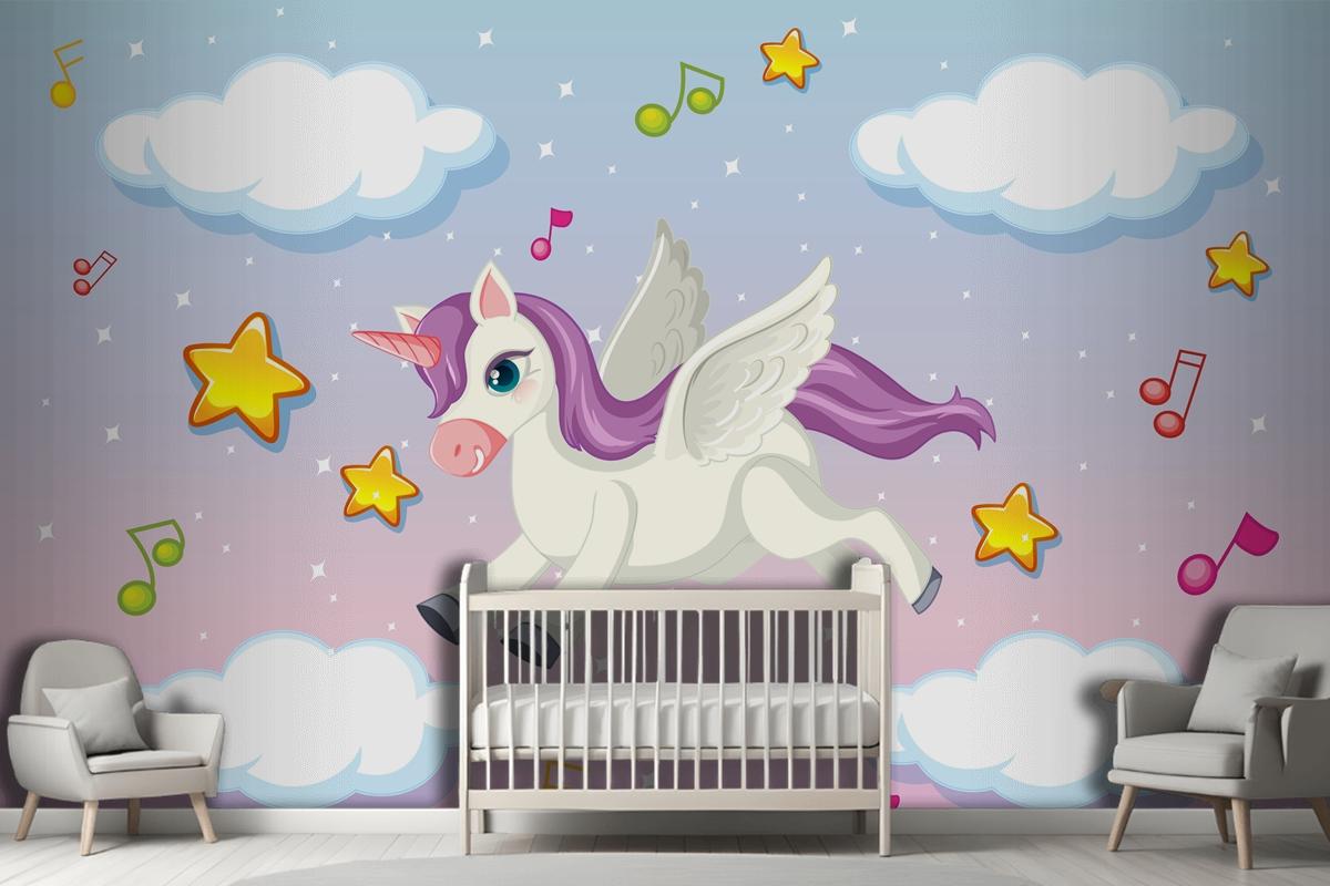 Cute Pegasus With Purple Mane Flying In The Pastel Sky Wallpaper Mural