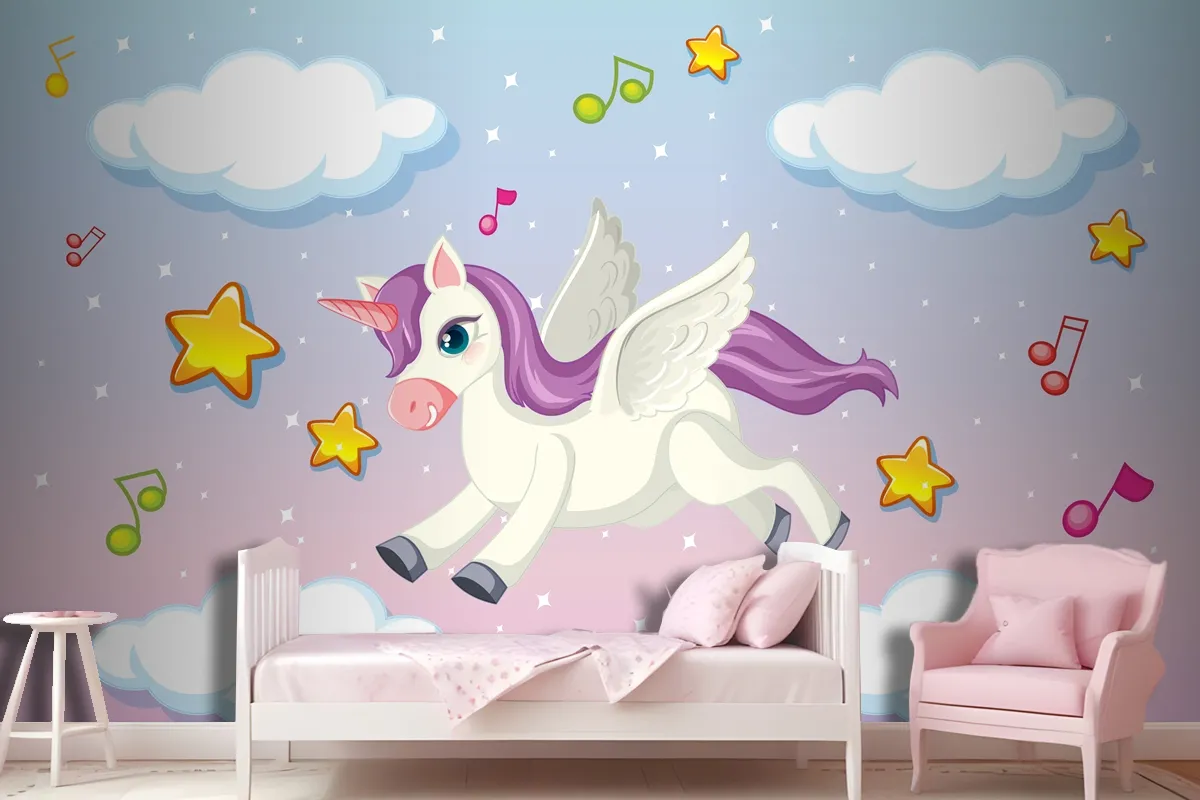 Cute Pegasus With Purple Mane Flying In The Pastel Sky Wallpaper Mural