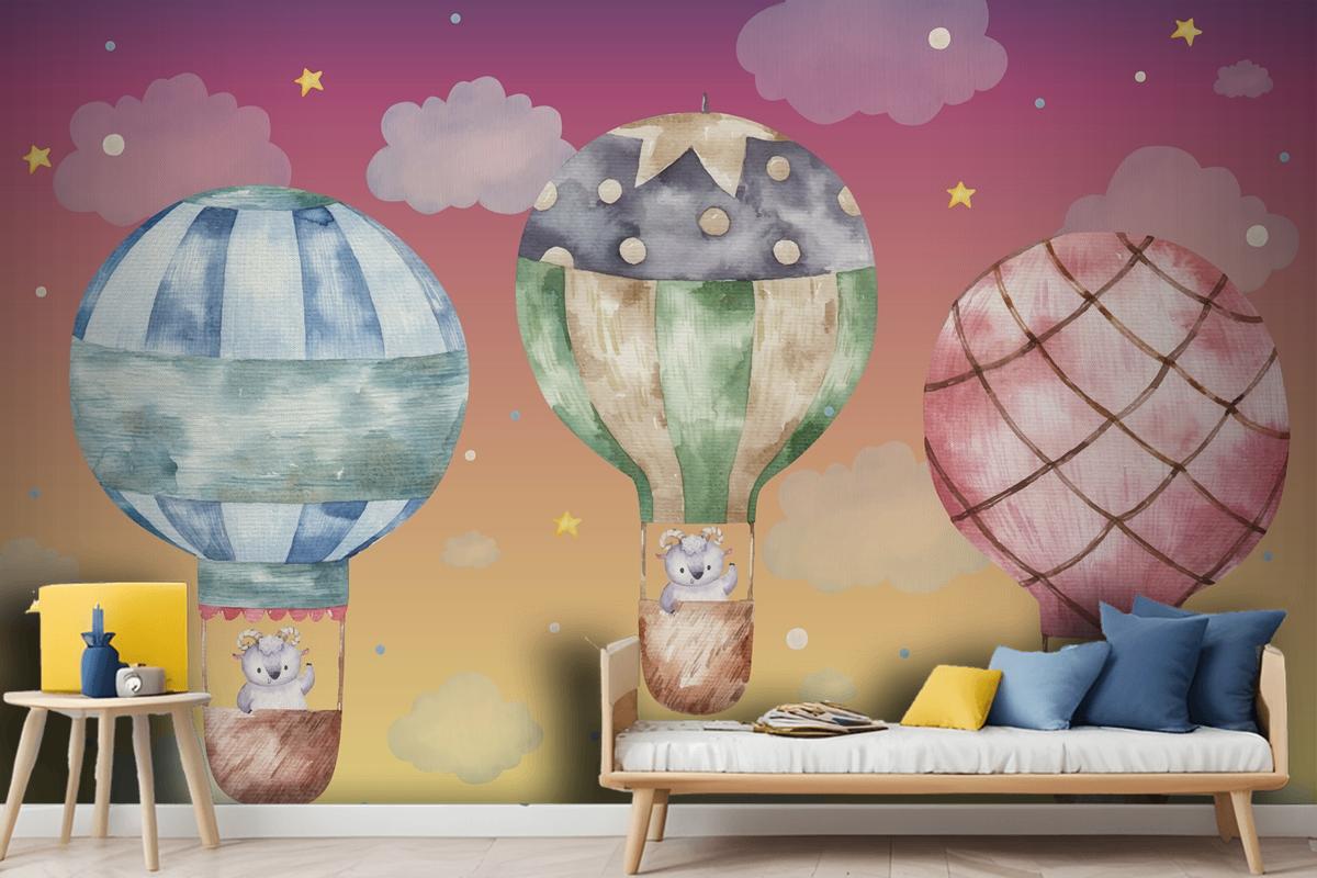 Cute Ram Flying On Colored Balloons Wallpaper Mural