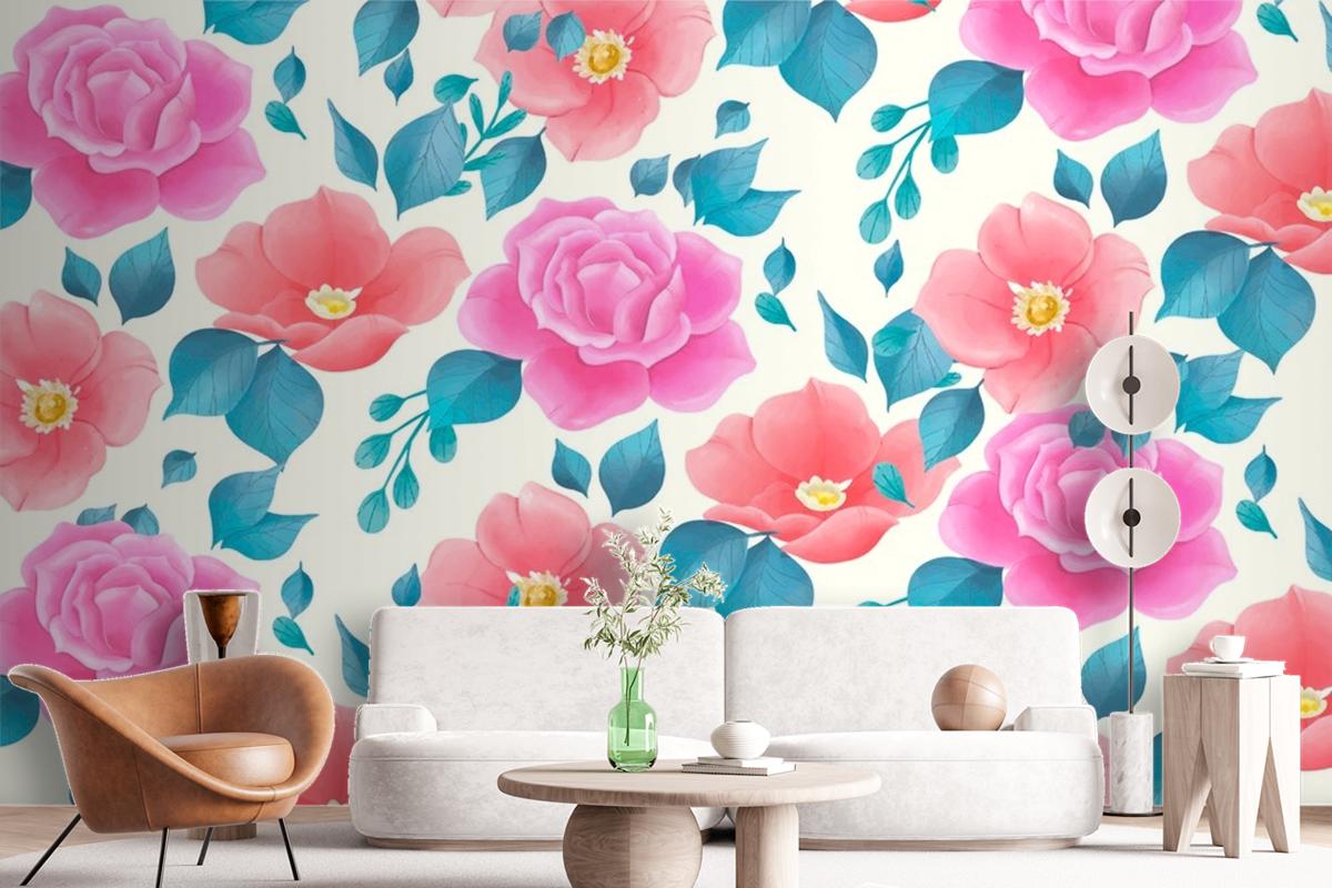 Cute Watercolor Floral Pattern With Rose Flowers Wallpaper Mural