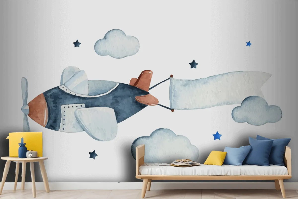 Cute Watercolor Sky Scene With Air Plane Clouds And Stars Wallpaper Mural