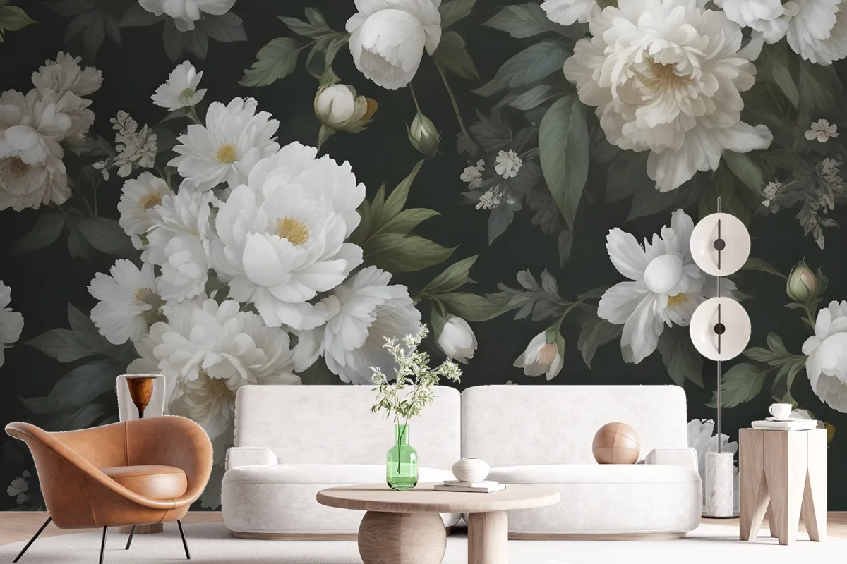 Dark Floral And White Peony Blossoms Wallpaper Mural