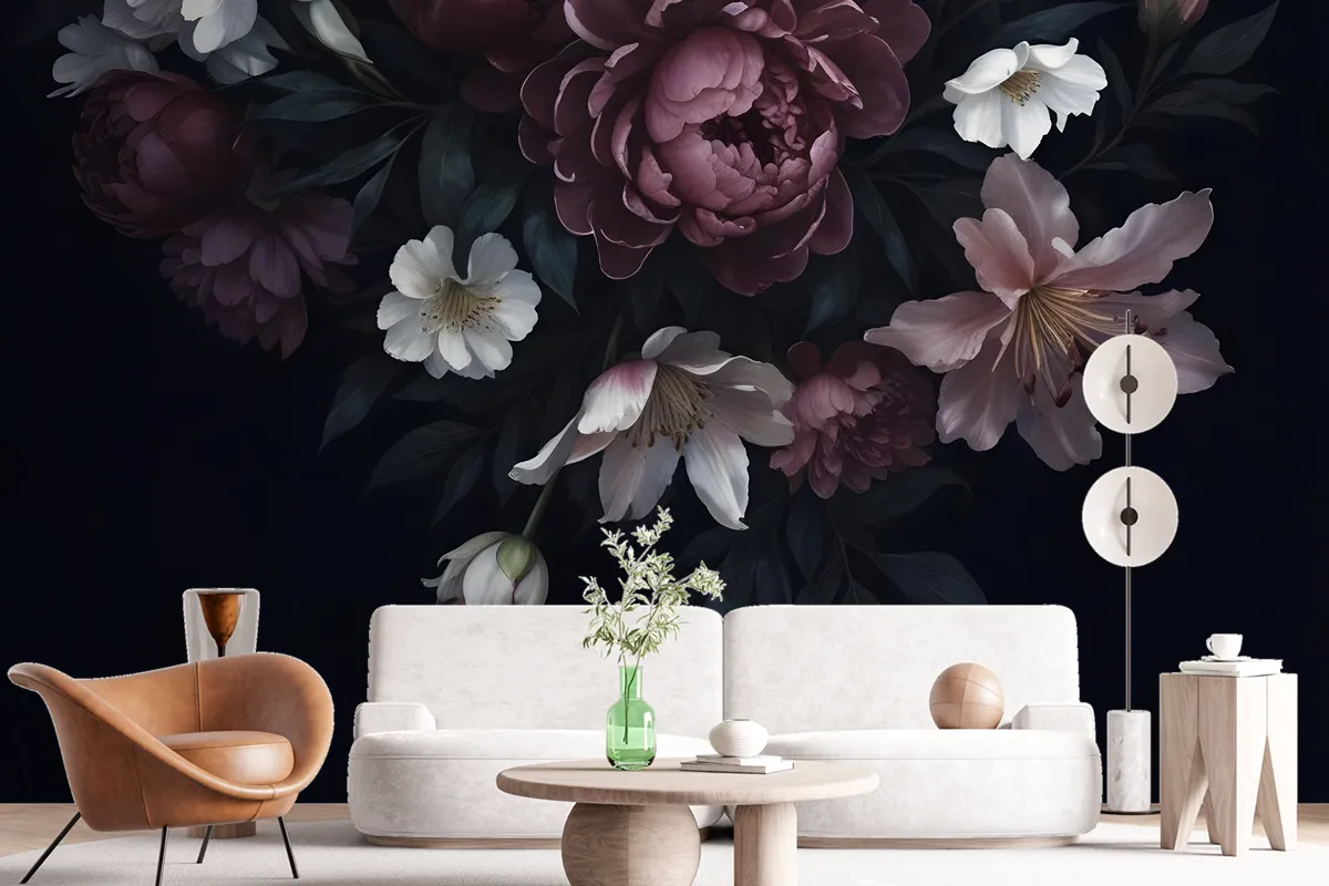 Dark Floral Claret Peony Floral Wallpaper Mural