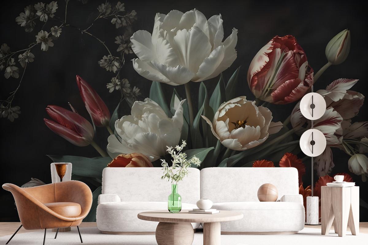 Dark Floral Dutch Bouquet With Tulips Wallpaper Mural