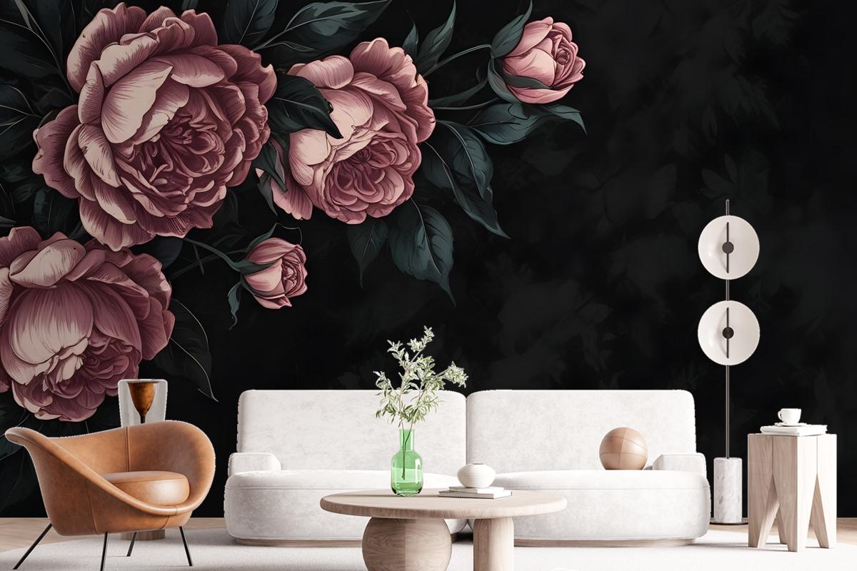 Dark Floral Peony Flower Drawing Wallpaper Mural