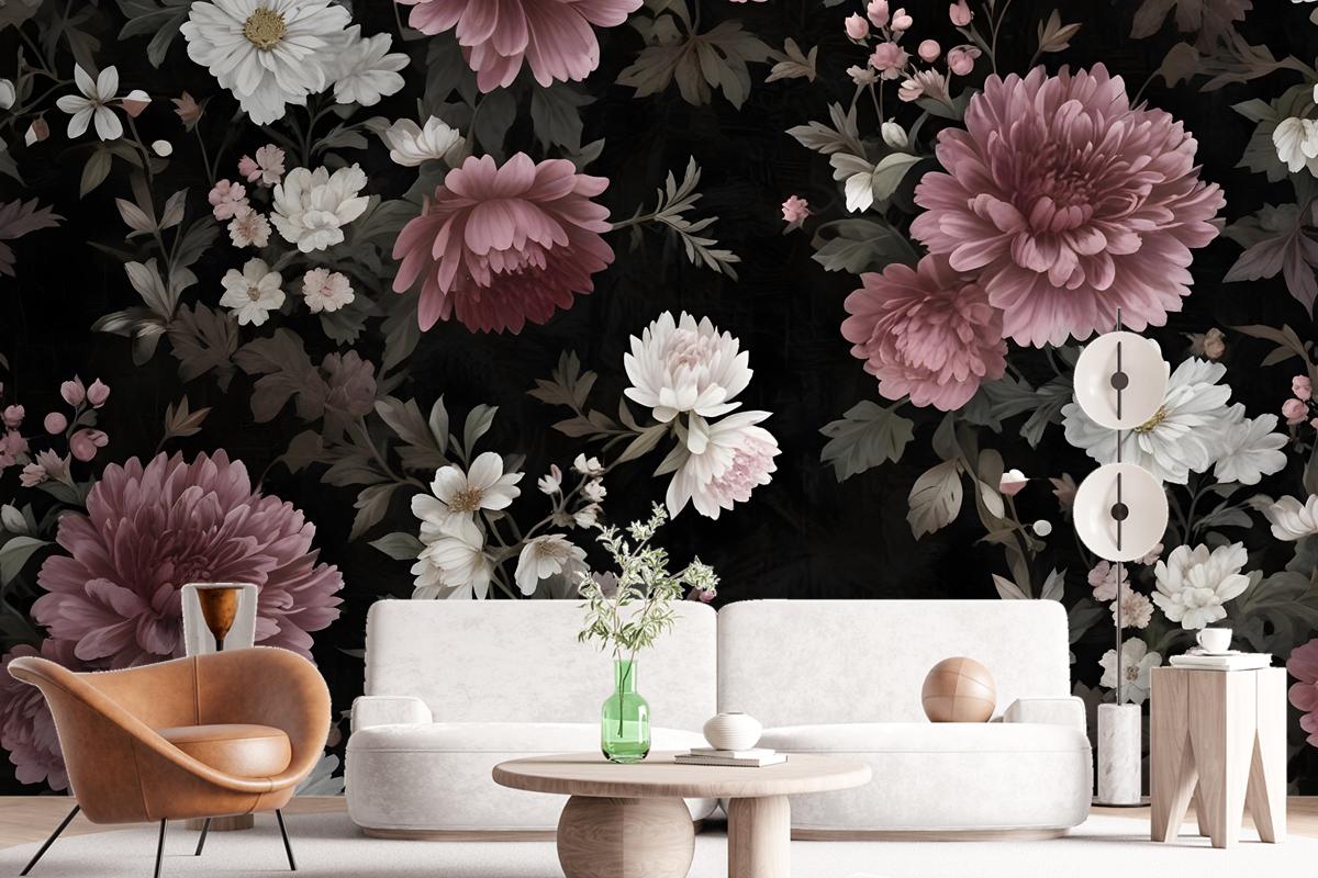 Dark Floral With Pink Chrysanthemum Wallpaper Mural