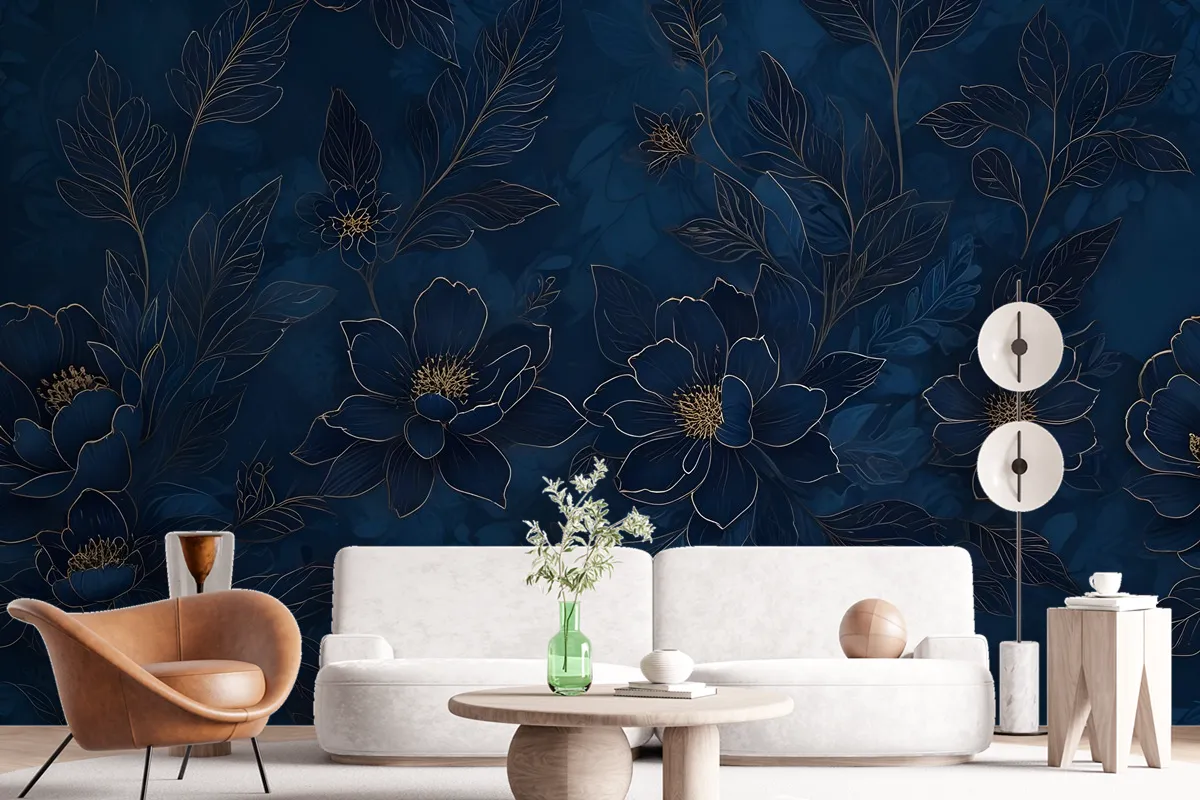 Dark Navy Peony Floral Drawing Art Wallpaper Mural