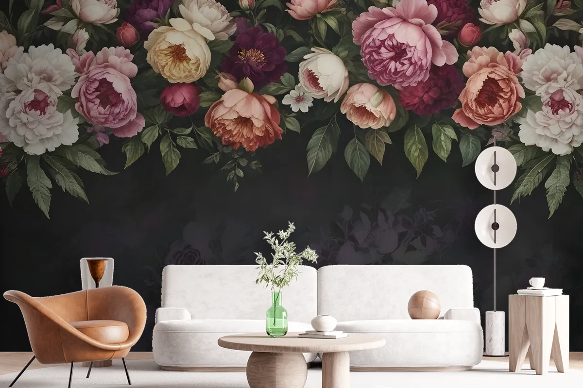 Dark Vine Floral And Peony Blossom Wallpaper Mural