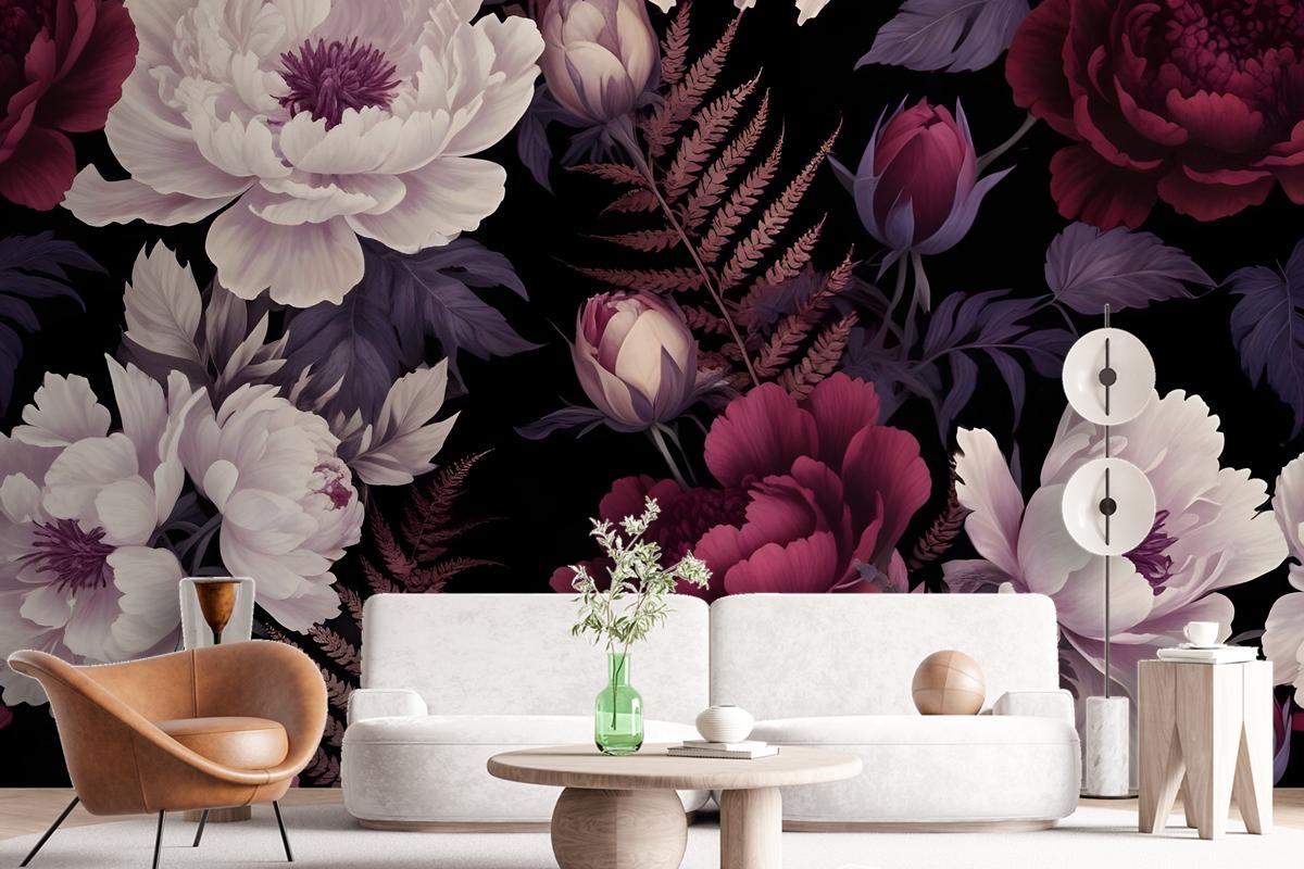 Dark Watercolor Colorful Peony Floral Wallpaper Mural