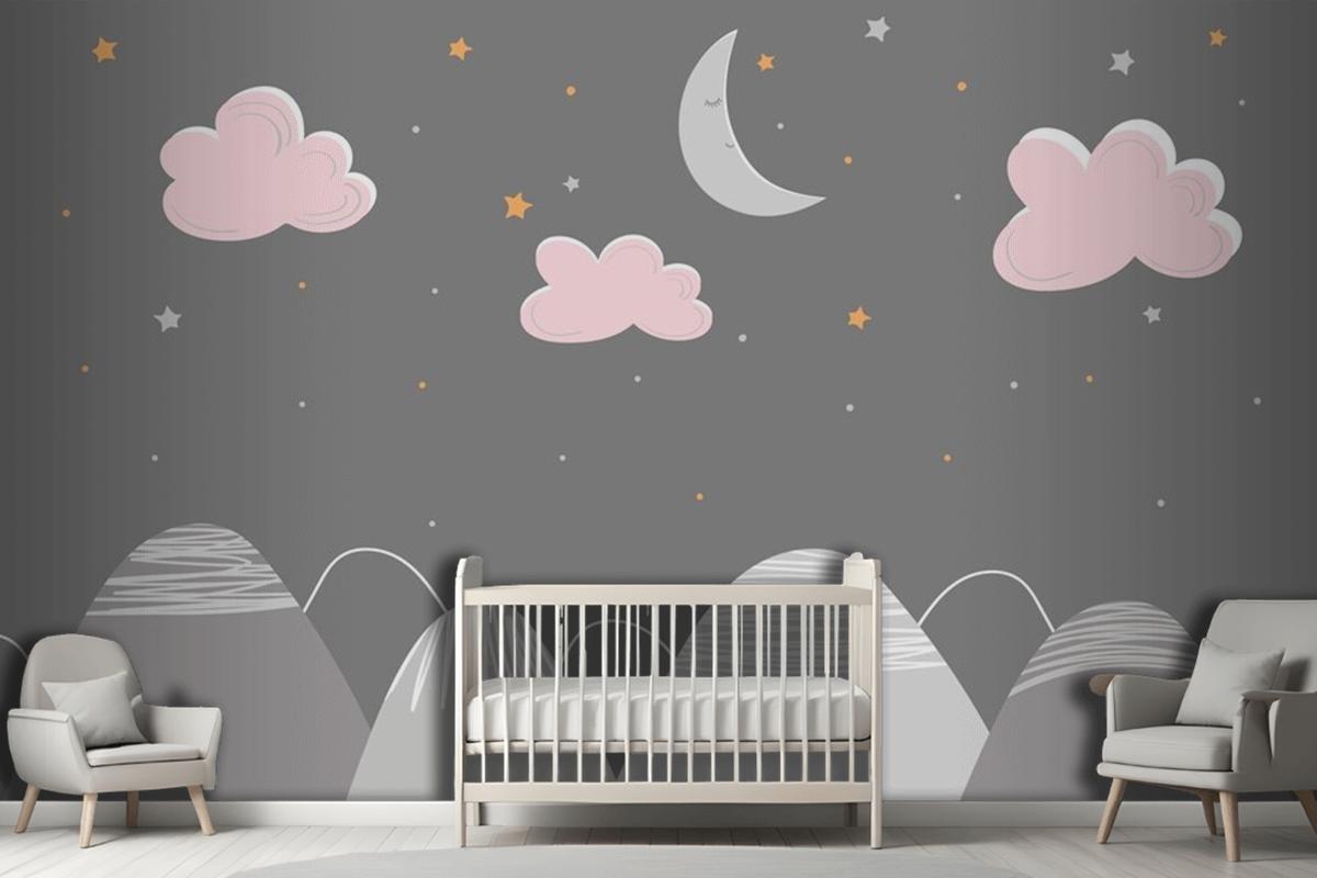 Decor In Scandinavian Style With Mountain Landscape Clouds And Sleeping Moon Wallpaper Mural