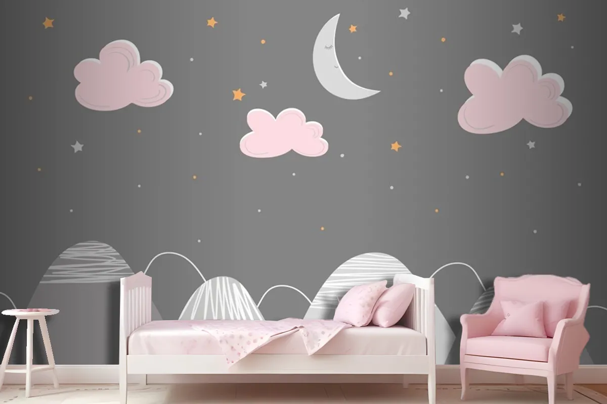 Decor In Scandinavian Style With Mountain Landscape Clouds And Sleeping Moon Wallpaper Mural