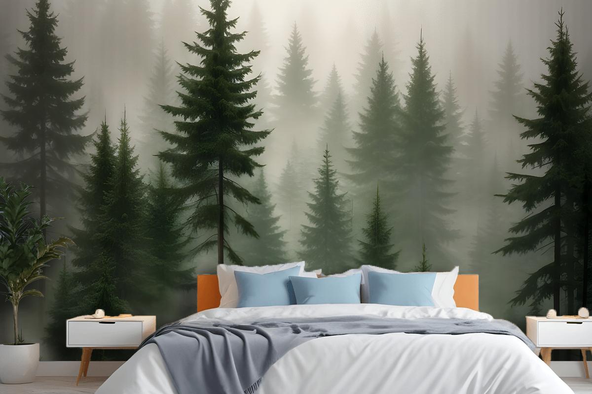 Dense Forest Of Tall Evergreen Trees In A Misty Foggy Environment Wallpaper Mural