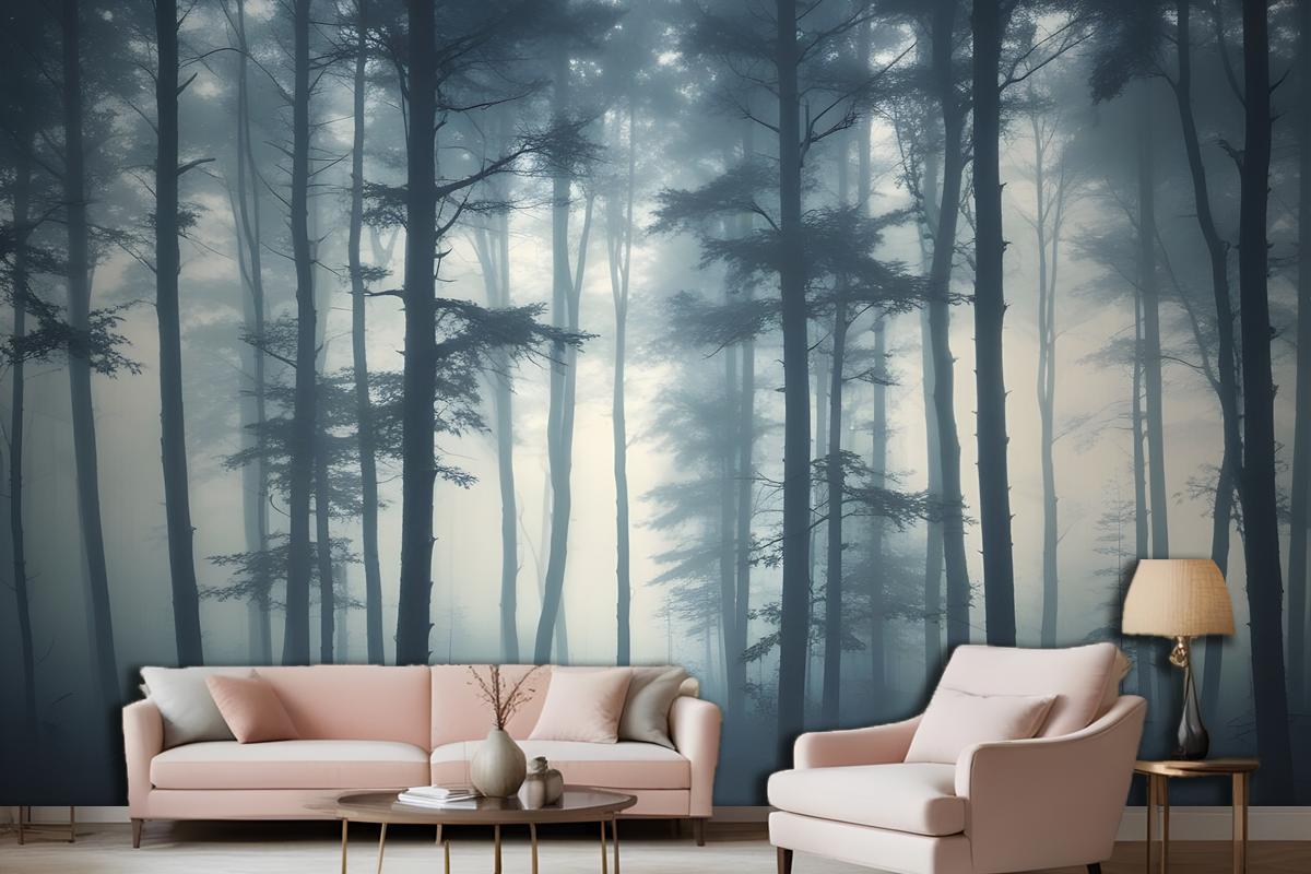 Dense Misty Forest With Tall Slender Trees And A Foggy Atmosphere Wallpaper Mural