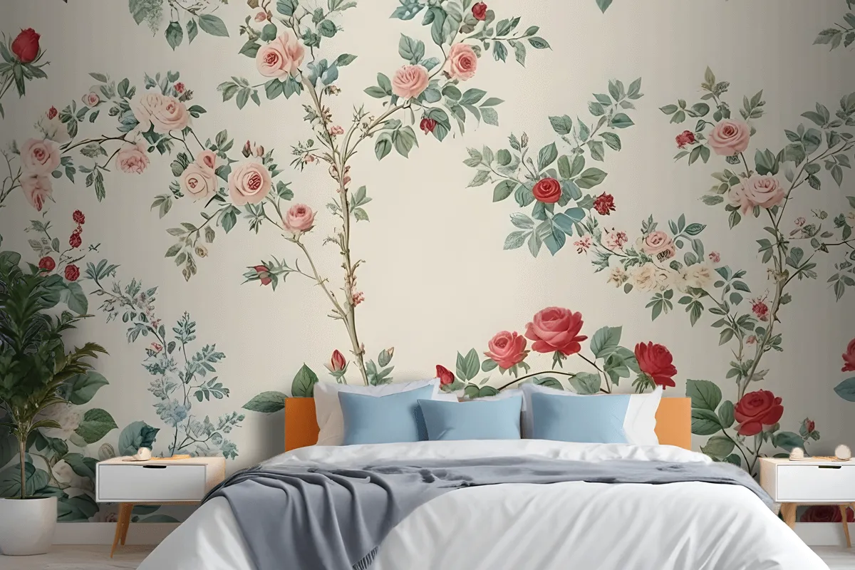 Detailed Floral Wallpaper Pattern Featuring Various Flowers And Plants Mural