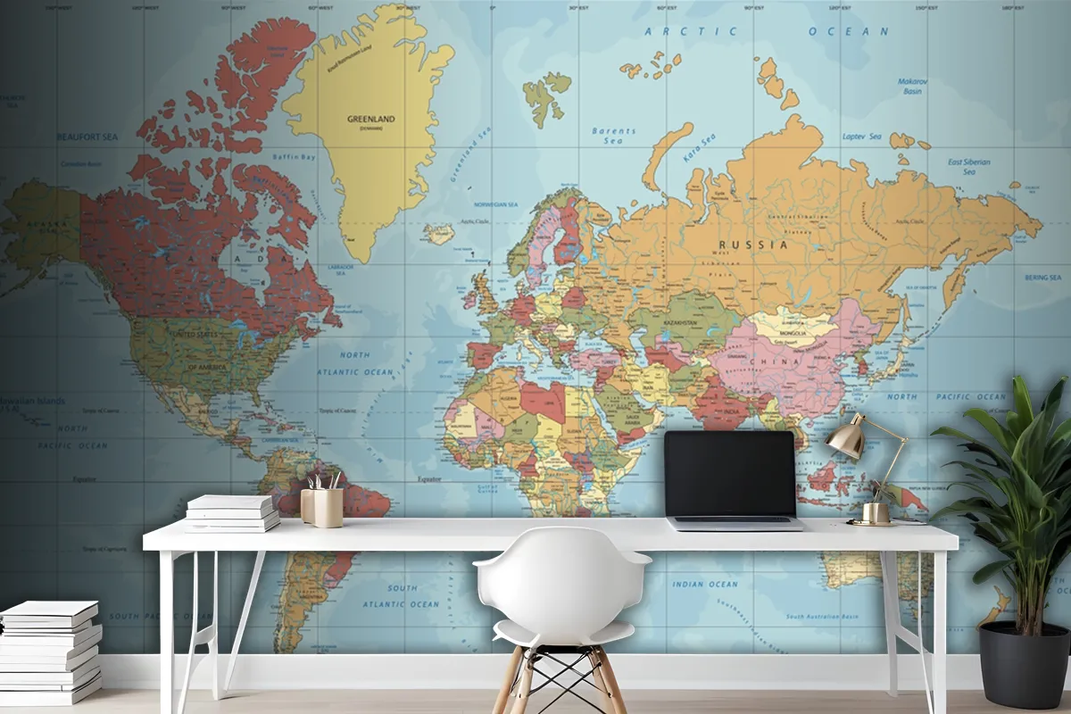 Detailed Political World Map In Mercator Projection Wallpaper Mural