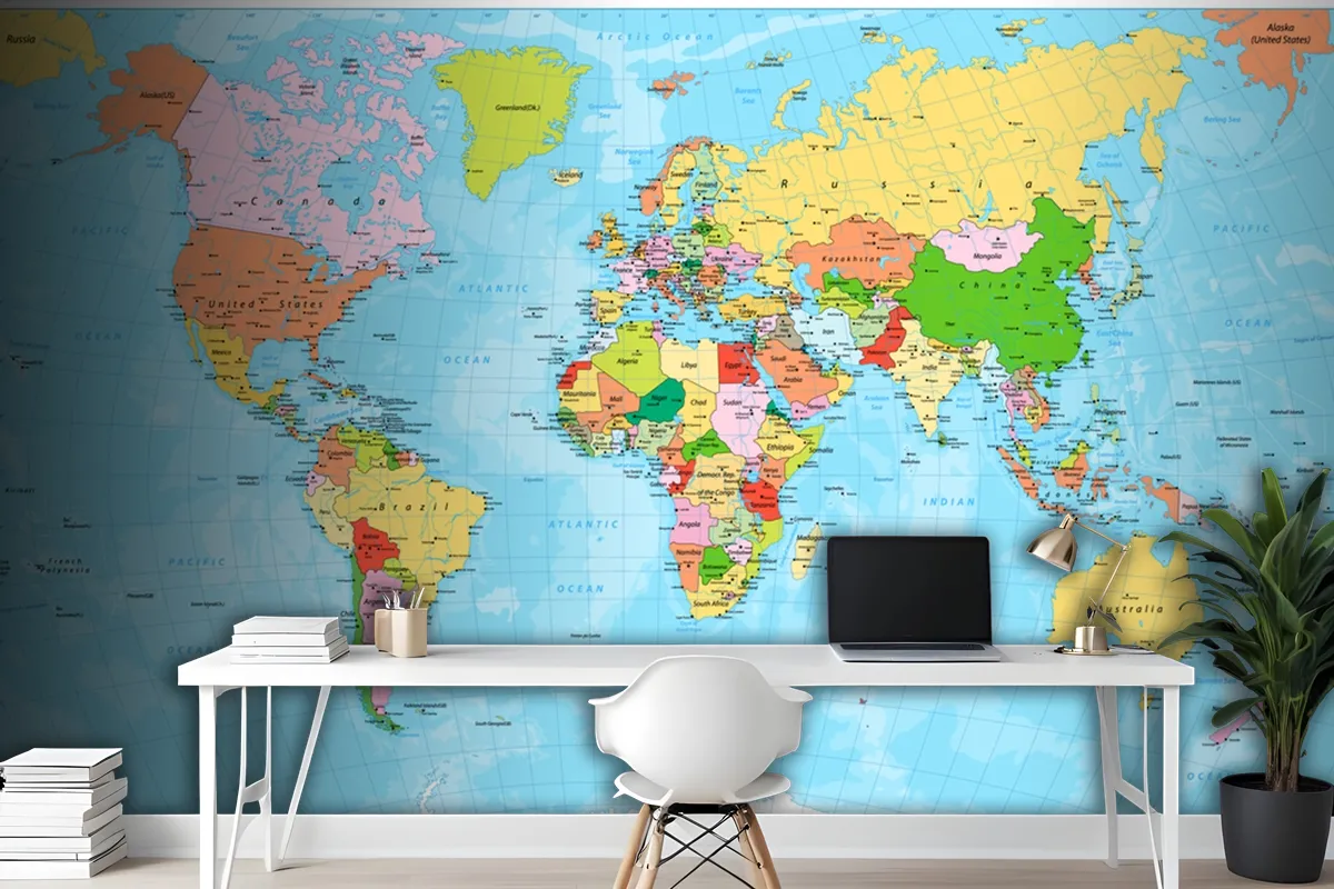 Detailed Political World Map With Capitals Wallpaper Mural