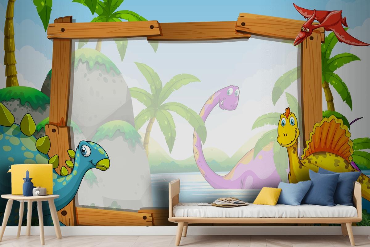 Dinosaurs By The Wooden Frame Wallpaper Mural