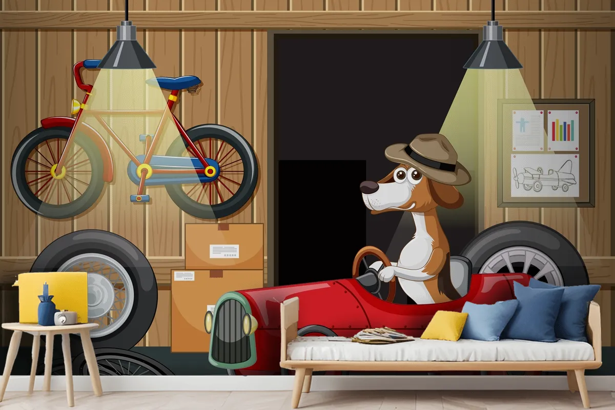 Dog Driving Car In Garage Wallpaper Mural