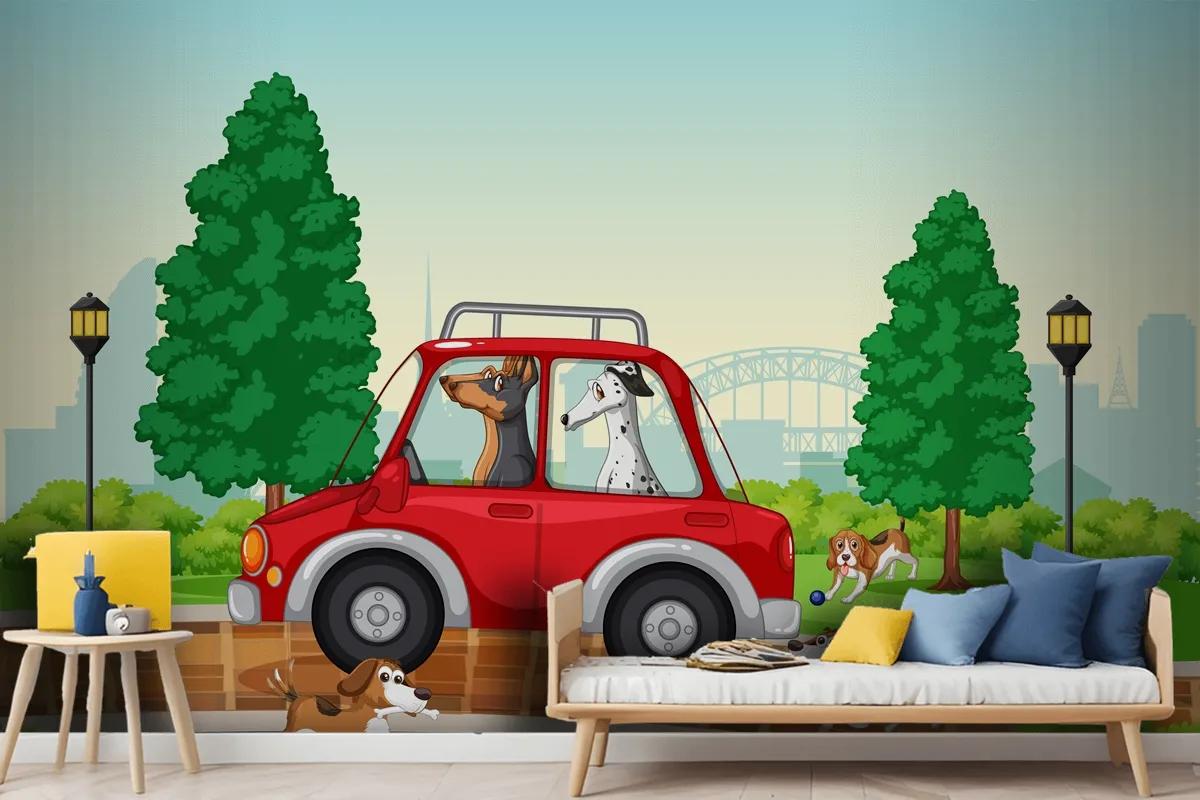 Dogs Driving And Running In The Park Wallpaper Mural