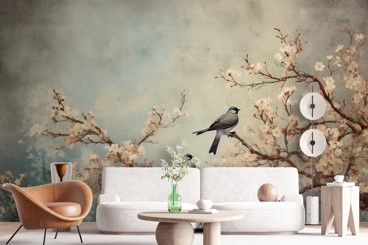 Flowers Branches Birds Golden Brushstrokes Wallpaper Mural