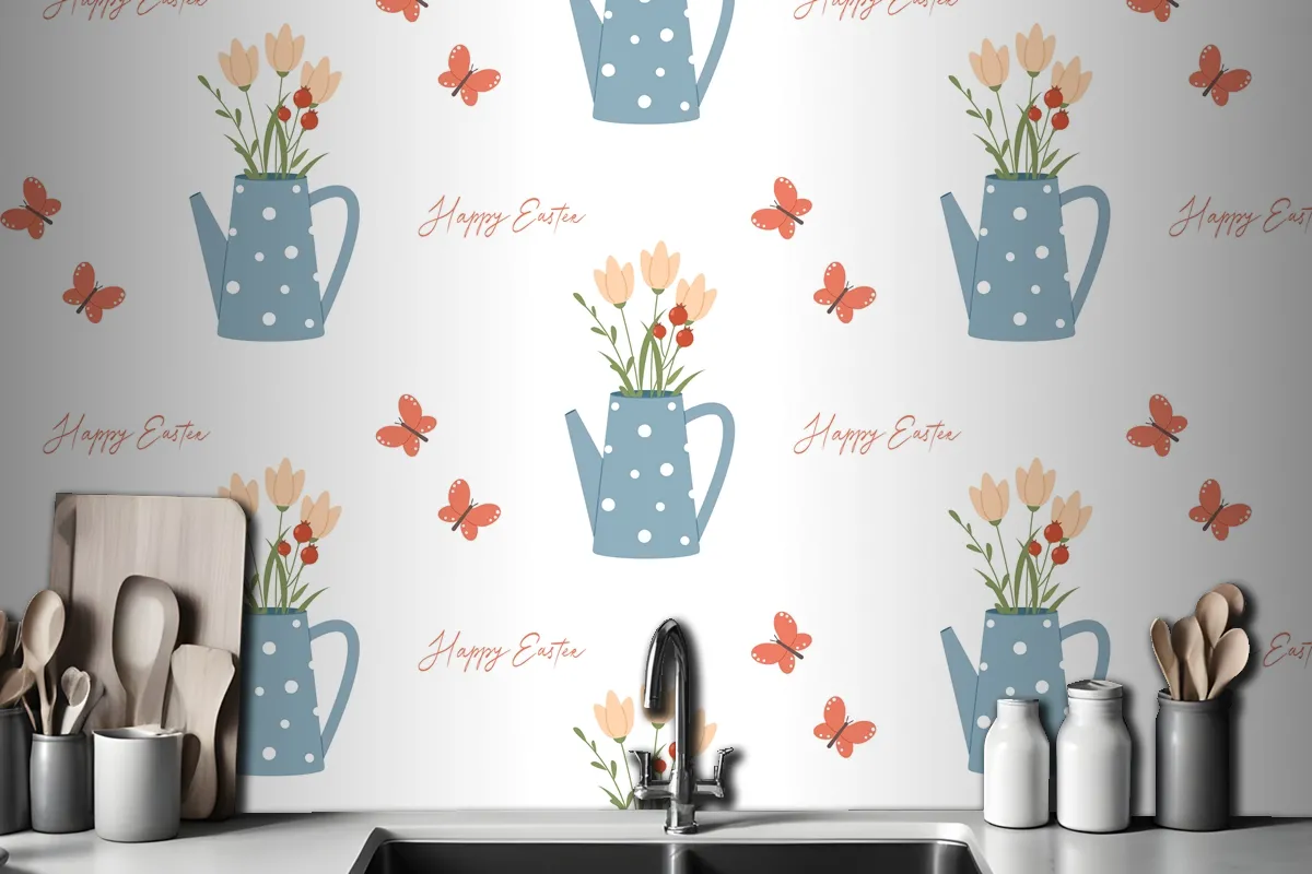 Easter Seamless Pattern Watering Can Butterfly And Lettering Wallpaper Mural