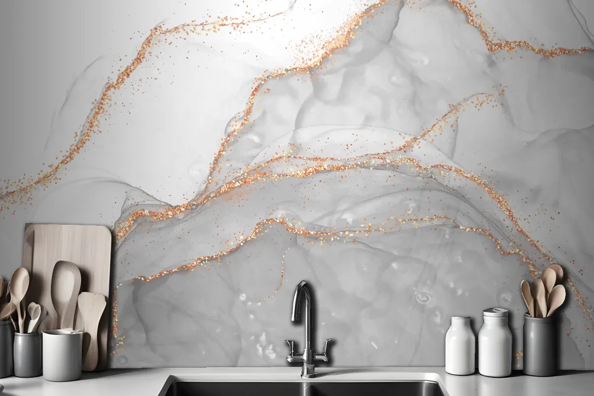 Elegant Alcohol Ink Design With Gold Glitter Elements Wallpaper Mural