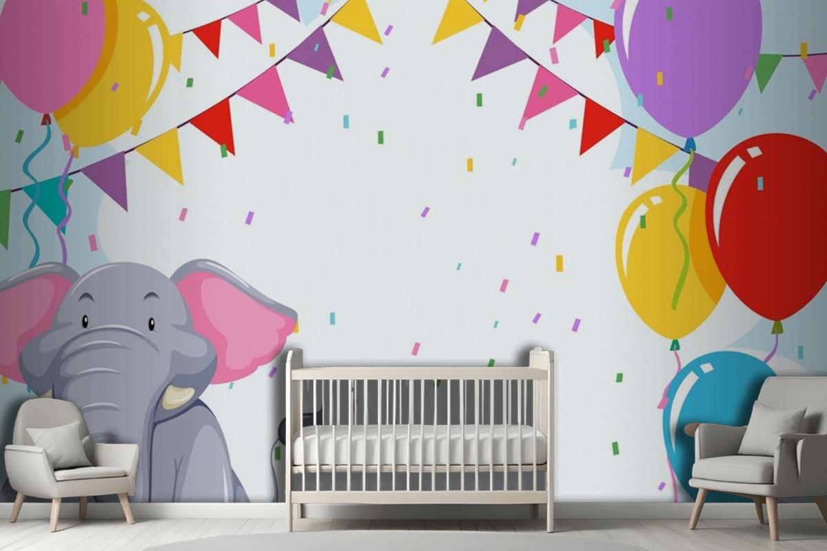 Elepehant On Birthday Template Wallpaper Mural