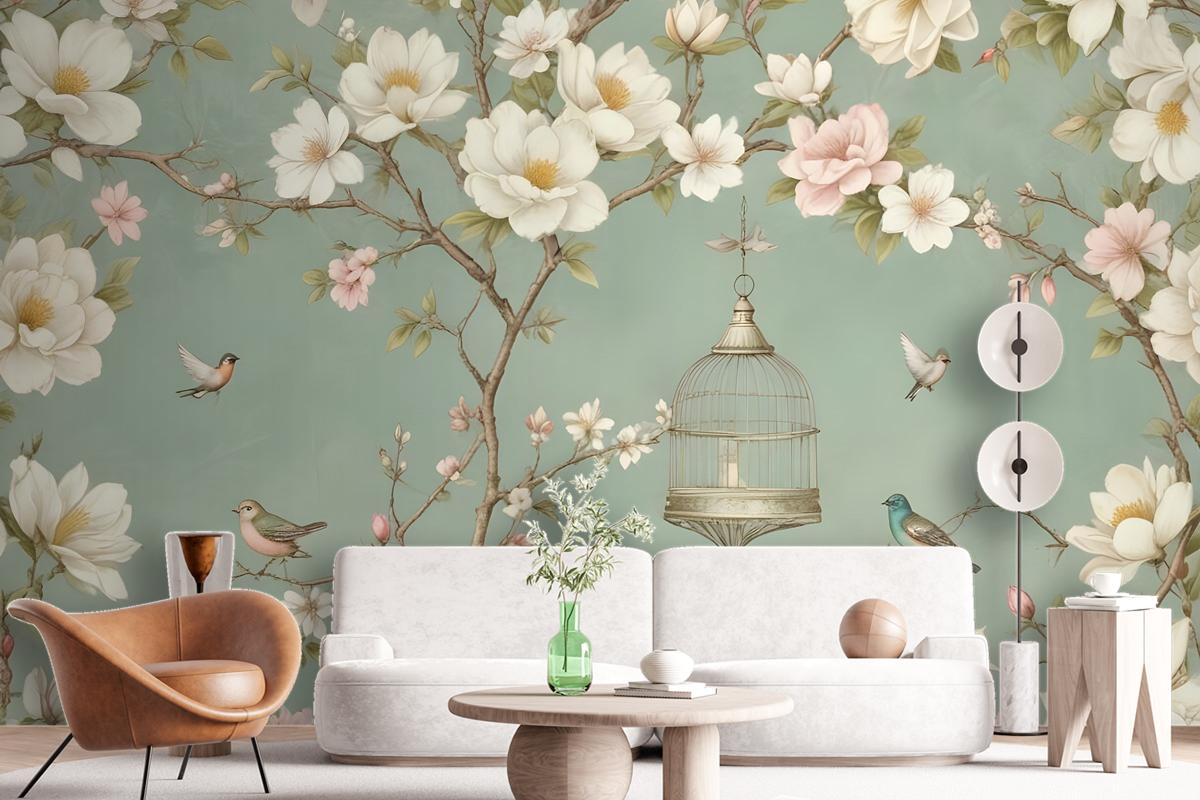 English Country Style With Branches And Flowers And Birds Wallpaper Mural