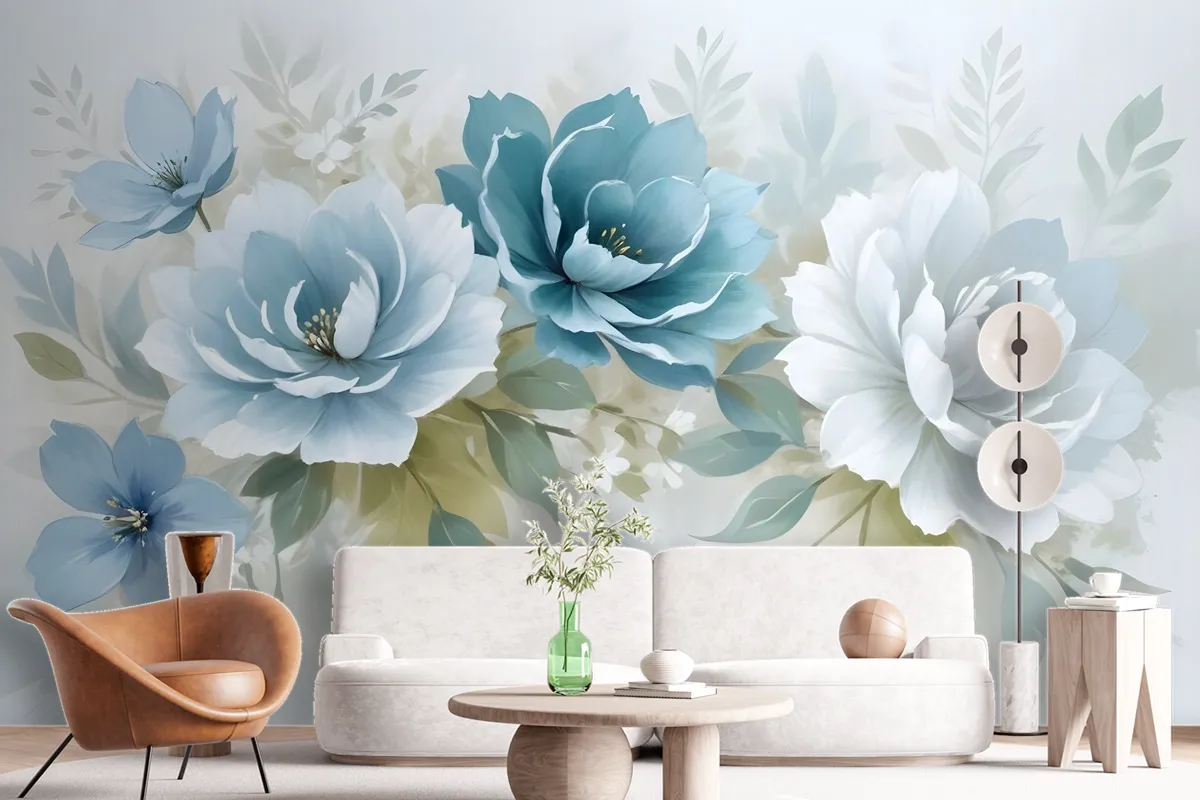 European Style 3D Look Blue Green Floral Wallpaper Mural