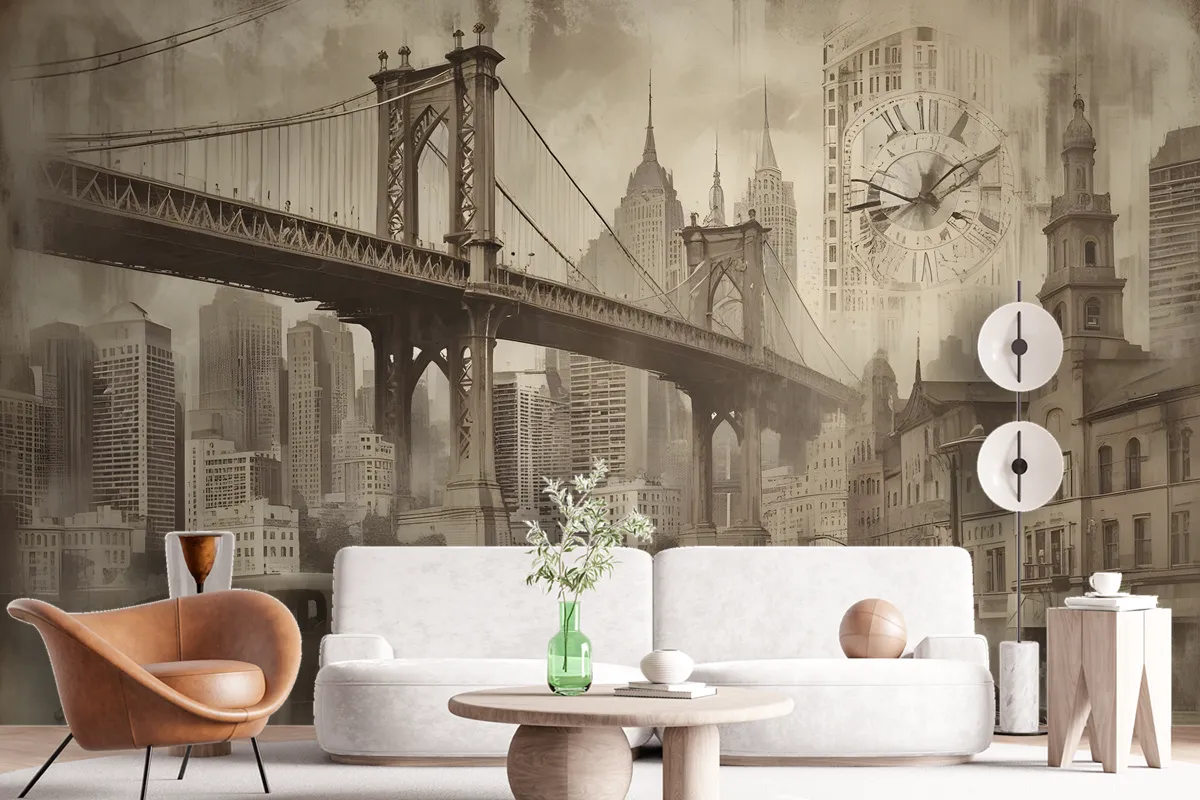 European Vintage City With Brooklyn Bridge Wallpaper Mural