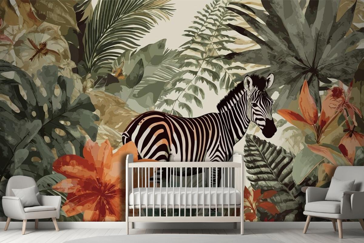 Exotic Zebra Tales Artistic Vintage Jungle Collage Pattern Seamless Wallpaper Mural