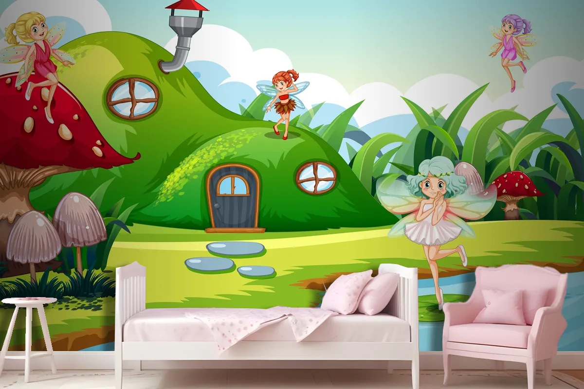 Fantasy Fairys In Green Scene Wallpaper Mural