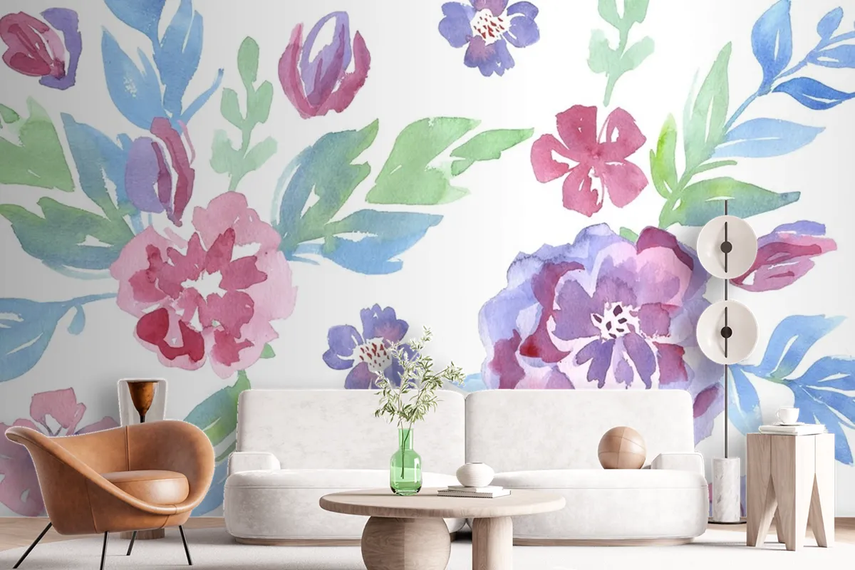 Fashionable Pattern In Watercolor Flowers Wallpaper Mural